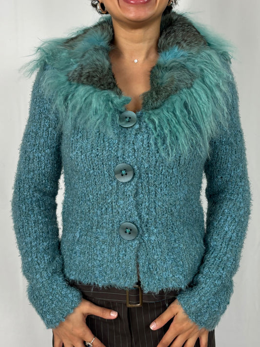 Gilet tricot col fourrure en laine