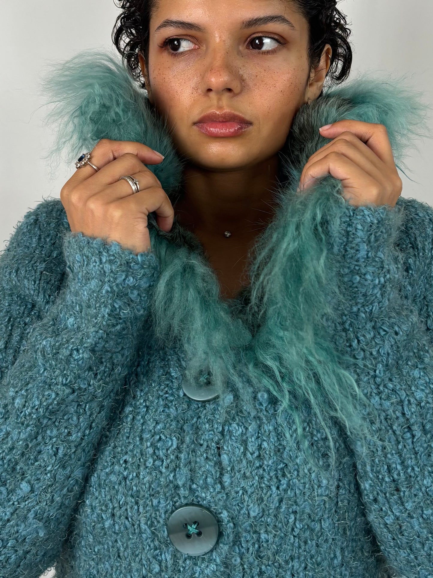 Gilet tricot col fourrure en laine