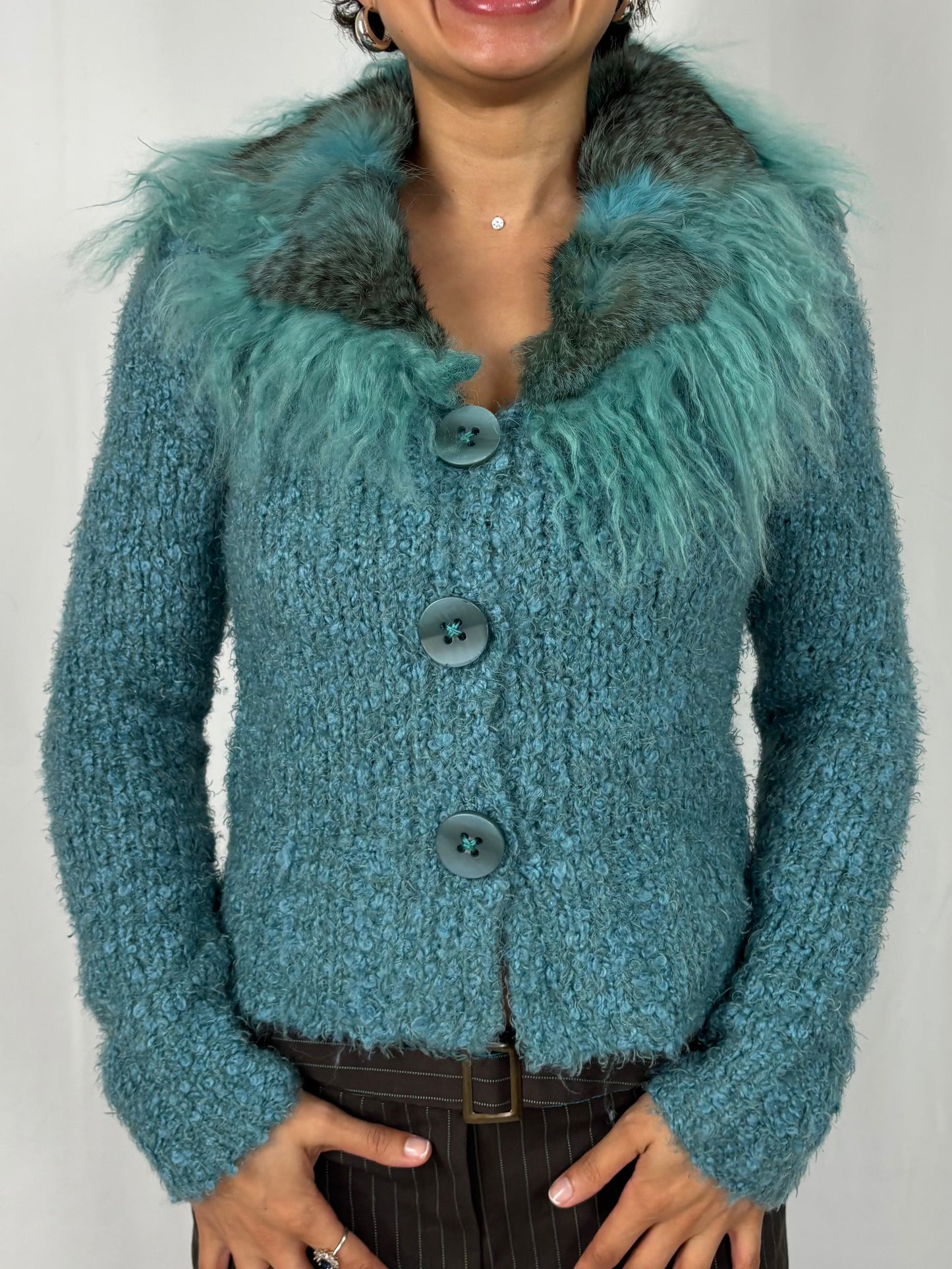 Gilet tricot col fourrure en laine