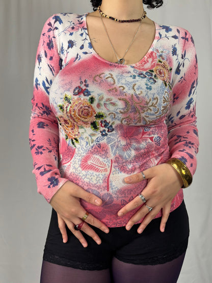 Teeshirt broderie perles et motifs fleurs