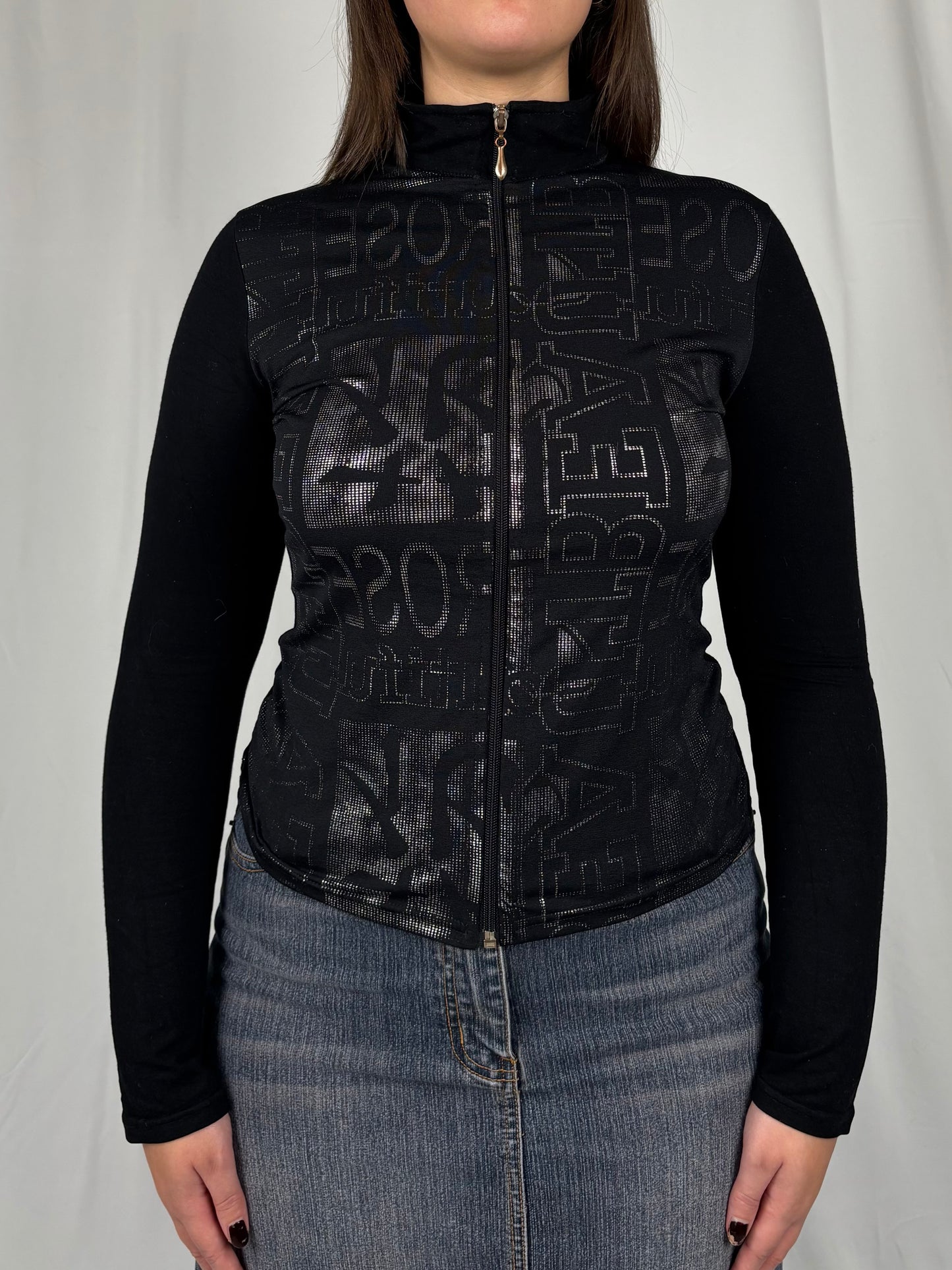 Veste zip caligraphie argenté