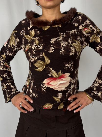 Top fleuri col fourrure